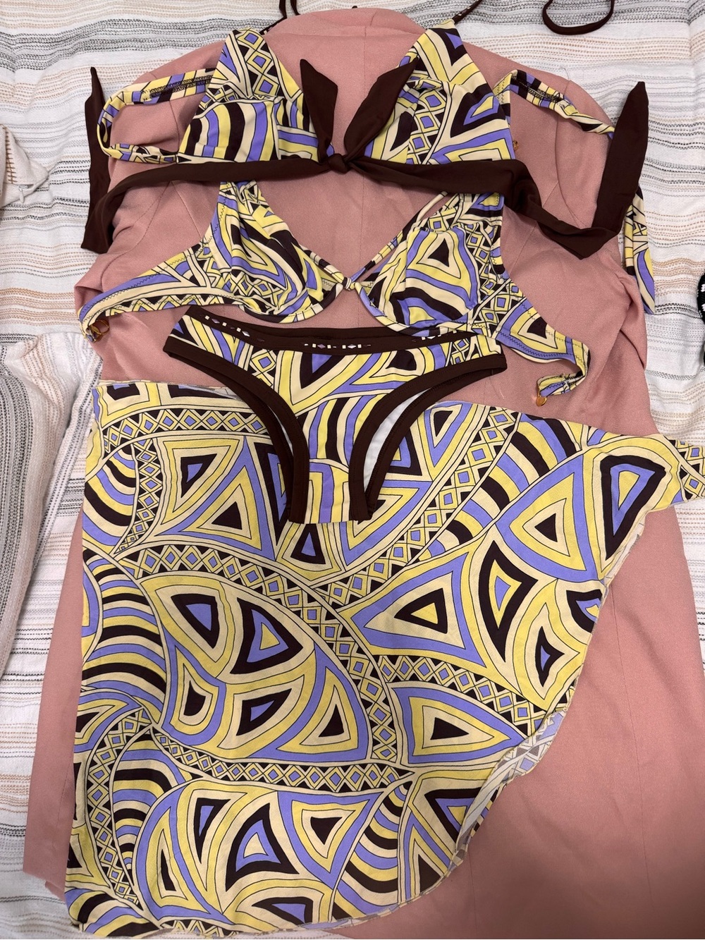 Printed Triangle Bikini Set with Yellow & Lavender - Size XS/S